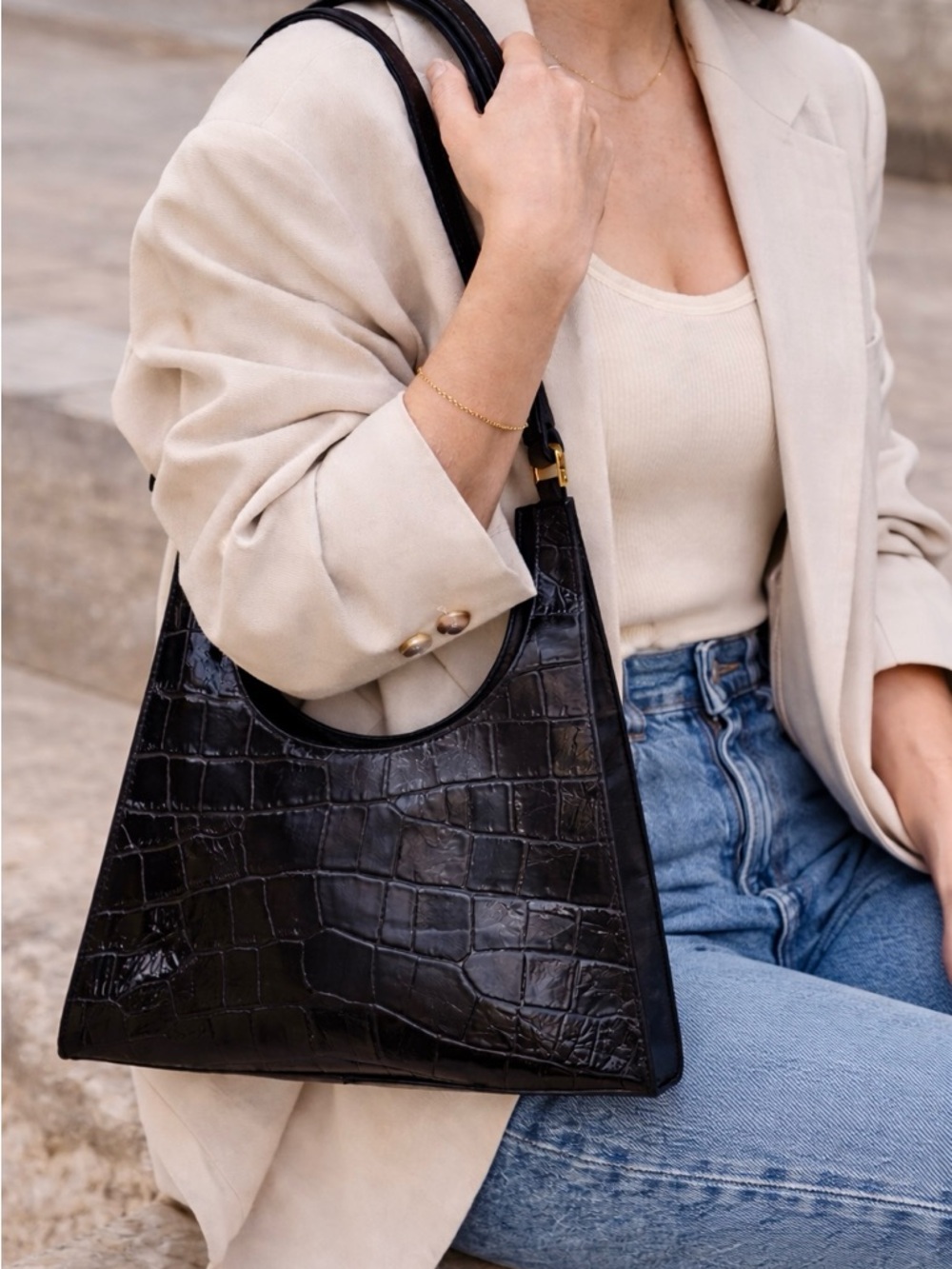 Staud Reya Black Croc Embossed Shoulder Bag | Minimal Sculpted Hobo